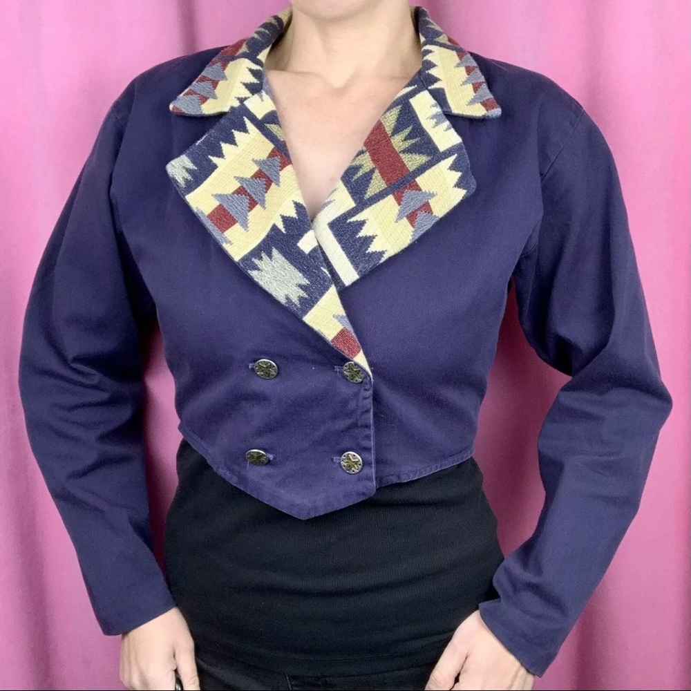 Vintage 80s/90s Banjo Dallas Texas Cropped Purple Woven Western Button Up Jacket